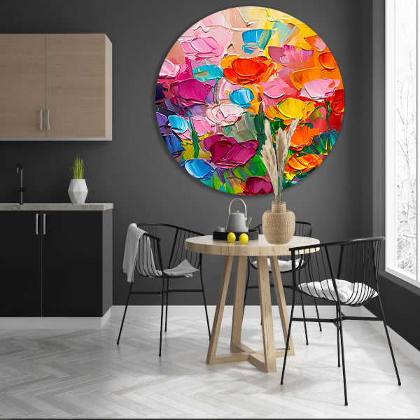 Abstract kleurrijk bloemenveld schilderij voor interieur aluminium muurcirkel