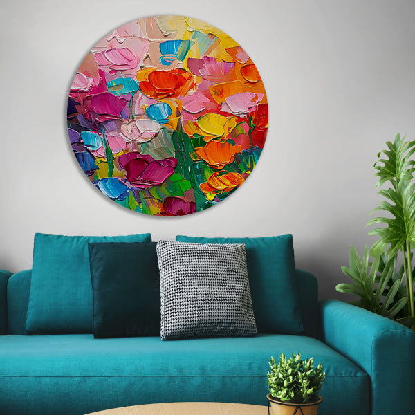 Abstract kleurrijk bloemenveld schilderij voor interieur aluminium muurcirkel