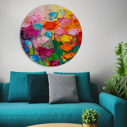 Abstract kleurrijk bloemenveld schilderij voor interieur aluminium muurcirkel