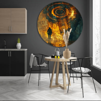 Mysterieuze figuur ontmoet gouden spiraal aluminium muurcirkel