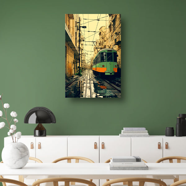 Groene tram in de stad canvas