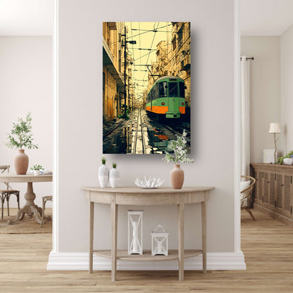 Groene tram in de stad Acrylglas
