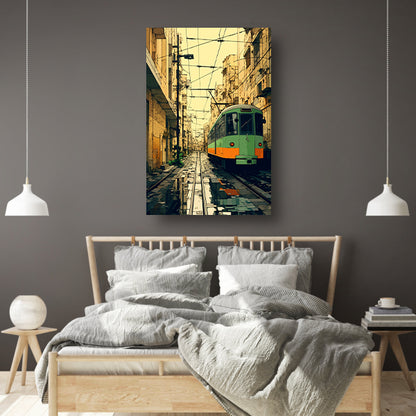 Groene tram in de stad canvas