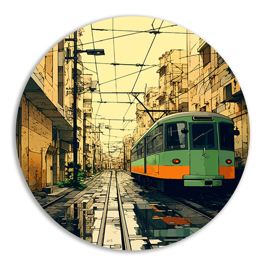 Groene tram in de stad aluminium muurcirkel
