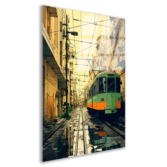 Groene tram in de stad Acrylglas