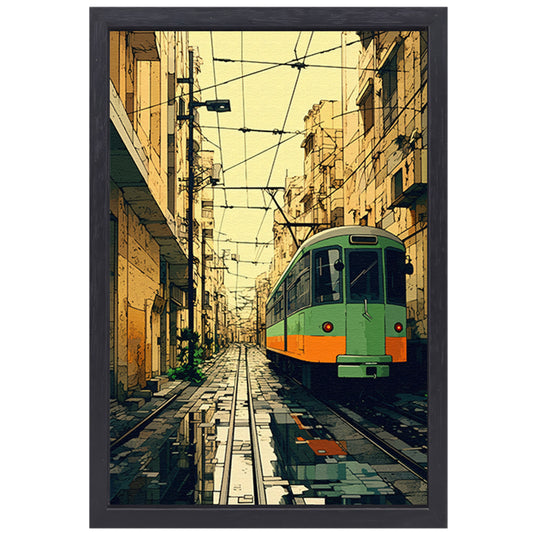 Groene tram in de stad canvas met baklijst