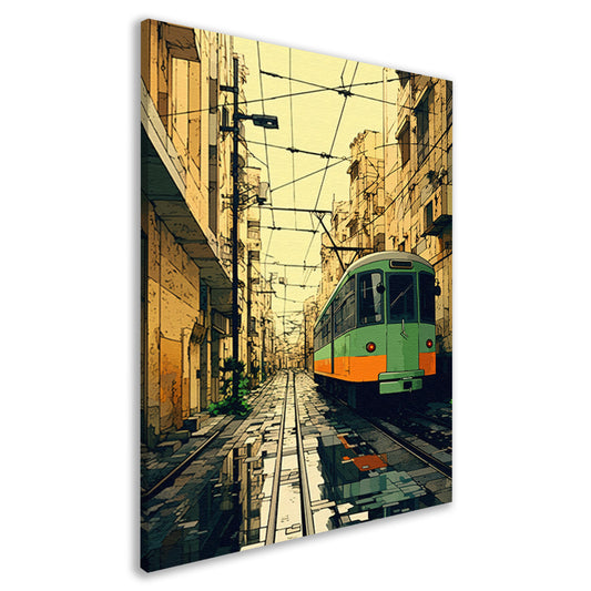 Groene tram in de stad canvas