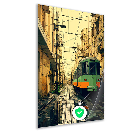 Groene tram in de stad poster