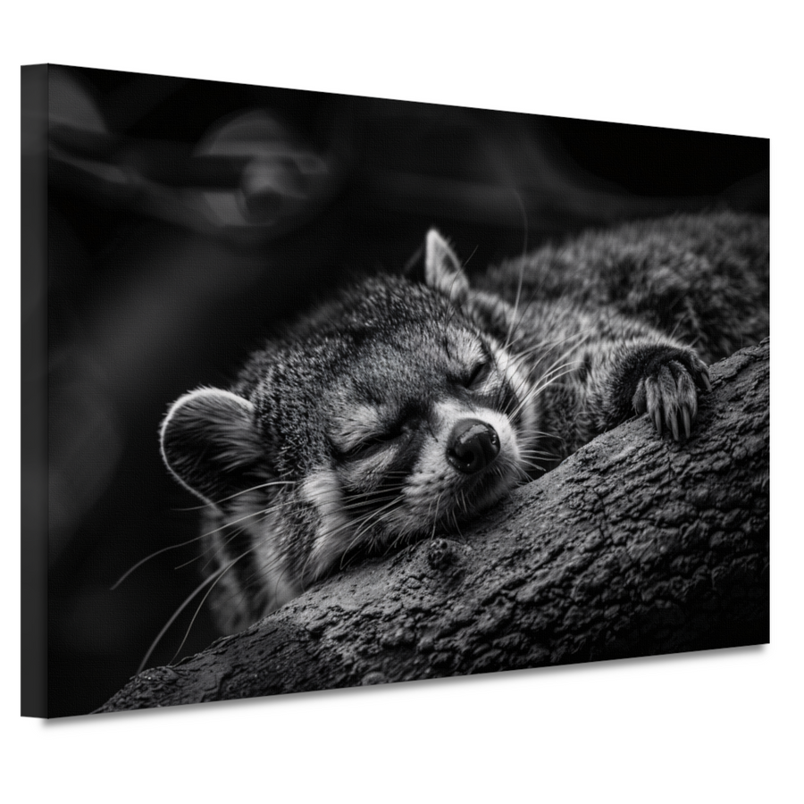 Slapende wasbeer op boomtak canvas
