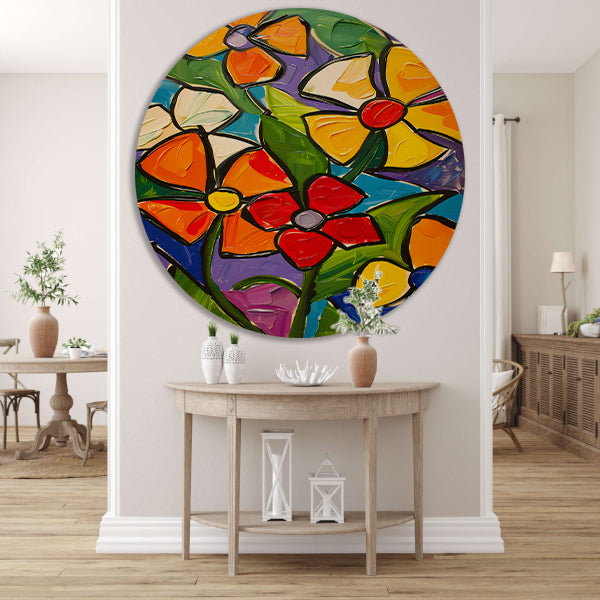 Kleurrijke en abstracte bloemenschilderij met dynamische uitstraling forex muurcirkel