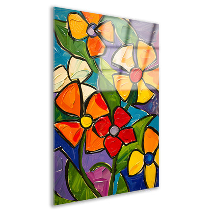 Kleurrijke en abstracte bloemenschilderij met dynamische uitstraling acrylglas
