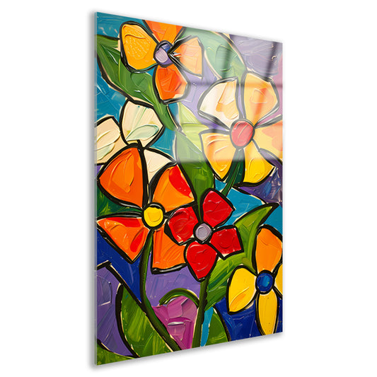Kleurrijke en abstracte bloemenschilderij met dynamische uitstraling acrylglas