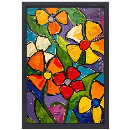 Kleurrijke en abstracte bloemenschilderij met dynamische uitstraling canvas met baklijst