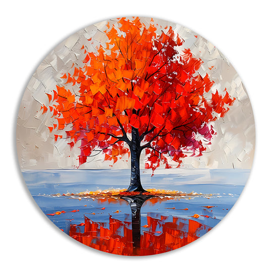 Levendige abstracte herfstboom met reflectie aluminium muurcirkel
