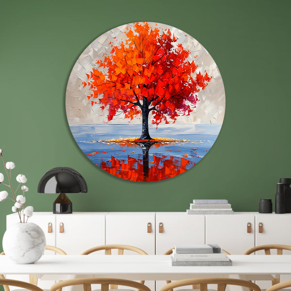 Levendige abstracte herfstboom met reflectie aluminium muurcirkel