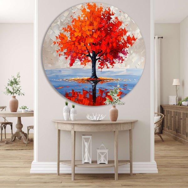 Levendige abstracte herfstboom met reflectie aluminium muurcirkel