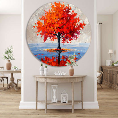 Levendige abstracte herfstboom met reflectie aluminium muurcirkel