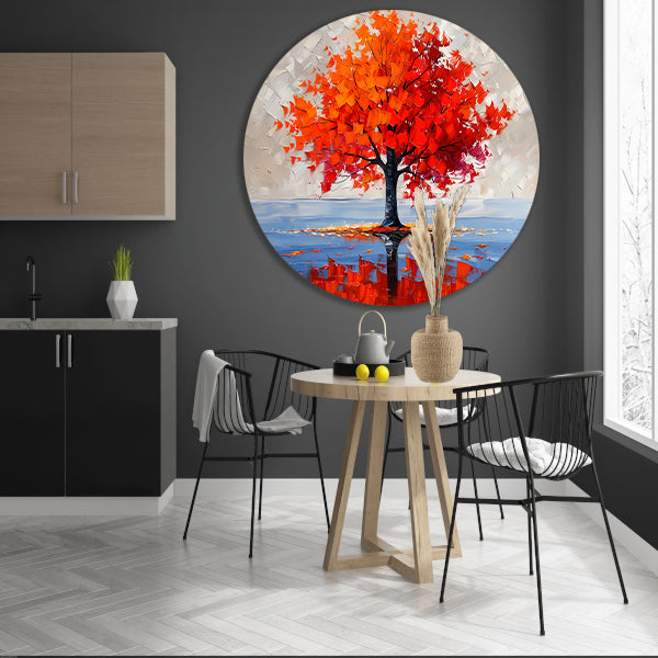 Levendige abstracte herfstboom met reflectie aluminium muurcirkel