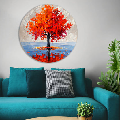 Levendige abstracte herfstboom met reflectie aluminium muurcirkel