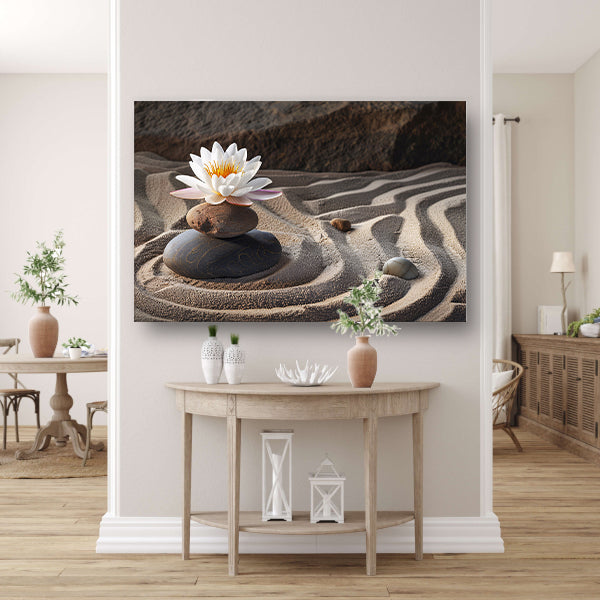 Zen-bloem op stenen in een zandtuin poster