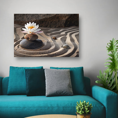 Zen-bloem op stenen in een zandtuin poster