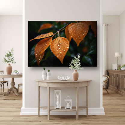Dauwdruppels op Oranje Zomerbladeren canvas met baklijst