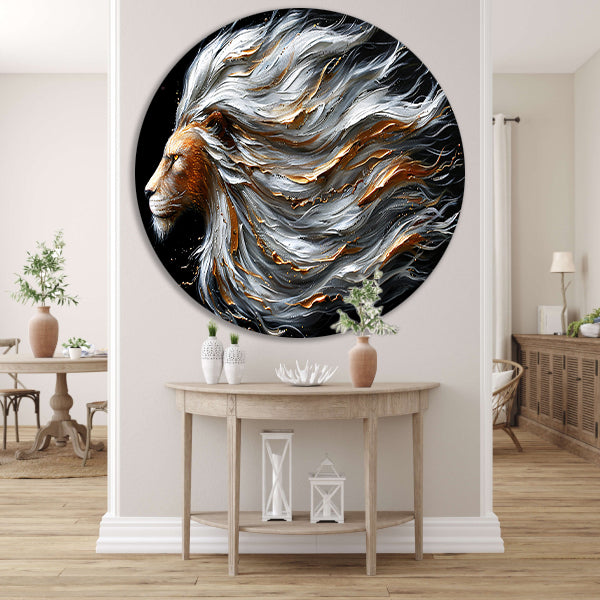 Majestueuze abstracte leeuw met dynamische manen aluminium muurcirkel