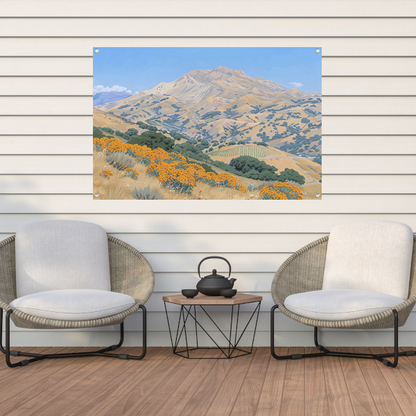 Heuvelachtig landschap met bloemen en berg tuinposter