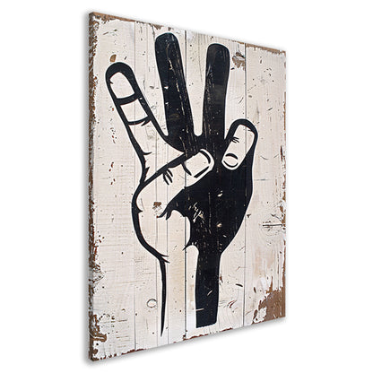 Zwart-witte hand op verweerd hout canvas