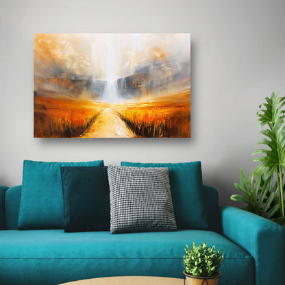Abstract landschap met waterval en pad poster