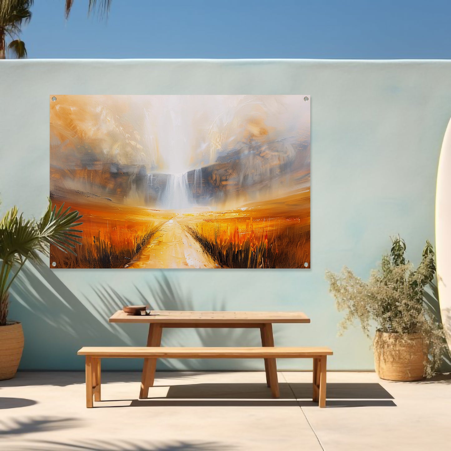 Abstract landschap met waterval en pad tuinposter