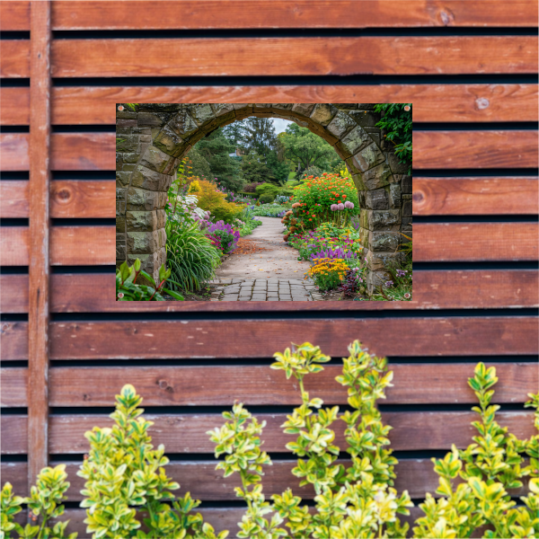 Kleurrijke Tuin door Stenen Boog tuinposter