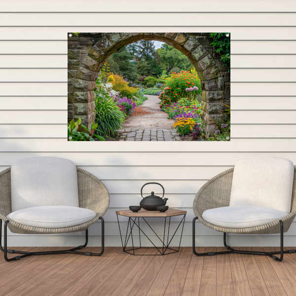 Kleurrijke Tuin door Stenen Boog tuinposter