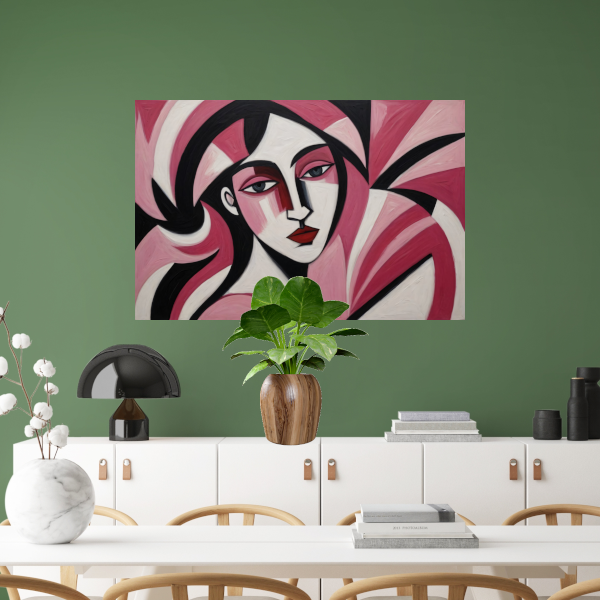 Abstracte vrouw in roze en zwart canvas met baklijst