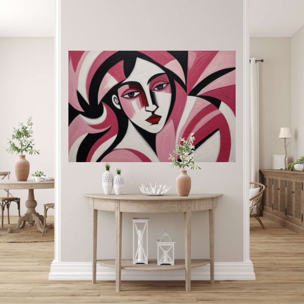 Abstracte vrouw in roze en zwart canvas met baklijst
