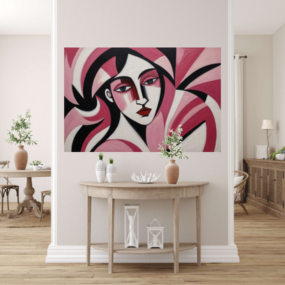 Abstracte vrouw in roze en zwart canvas met baklijst
