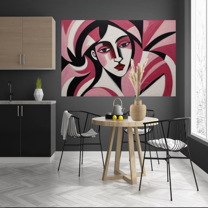 Abstracte vrouw in roze en zwart canvas met baklijst