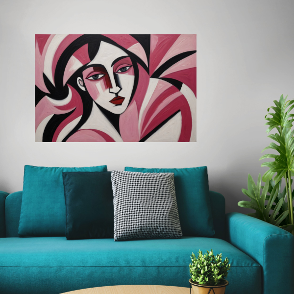 Abstracte vrouw in roze en zwart canvas met baklijst