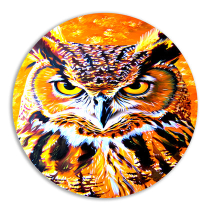 Psychedelische kleurrijke uil schilderij aluminium muurcirkel