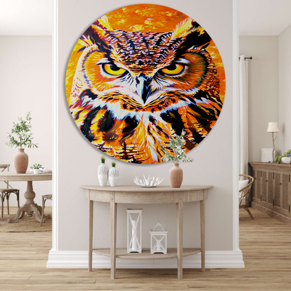 Psychedelische kleurrijke uil schilderij aluminium muurcirkel