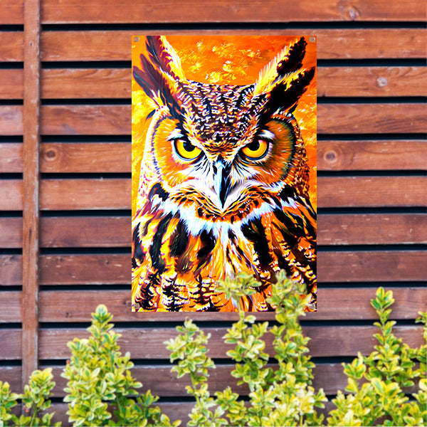Psychedelische kleurrijke uil schilderij tuinposter