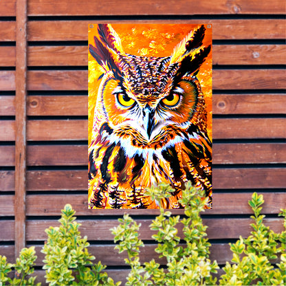 Psychedelische kleurrijke uil schilderij tuinposter
