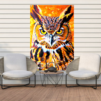 Psychedelische kleurrijke uil schilderij tuinposter