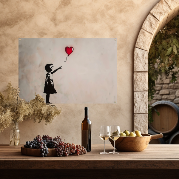 Silhouet van meisje met rode hartvormige ballon tuinposter