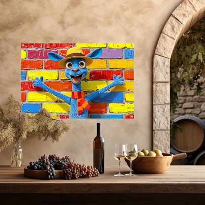 Blije blauwe kangoeroe voor kleurrijke muur tuinposter