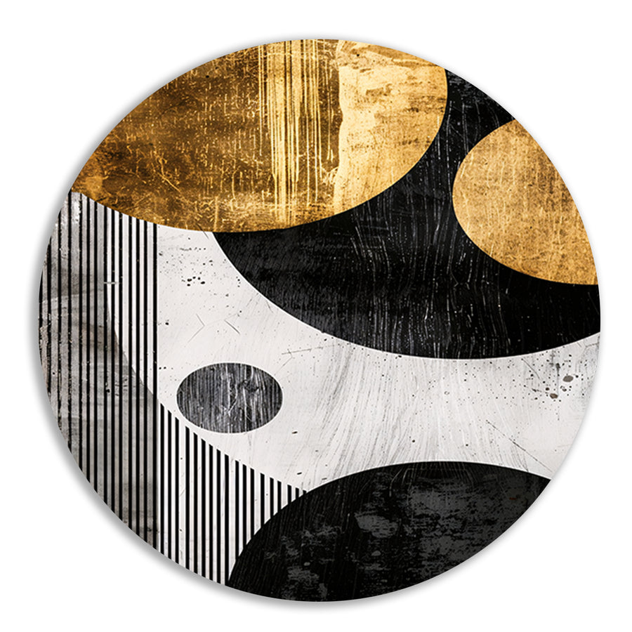Abstracte Symmetrie in Zwart, Wit en Goud aluminium muurcirkel