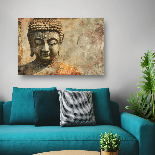 Serene Boeddha met Gouden Gloed en Sepia Achtergrond canvas met baklijst