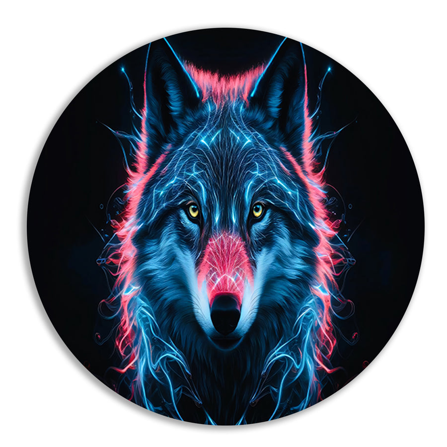 Bioluminescente wolf digitale kunst aluminium muurcirkel