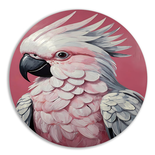 Roze papegaai modern realistisch olieverfportret aluminium muurcirkel