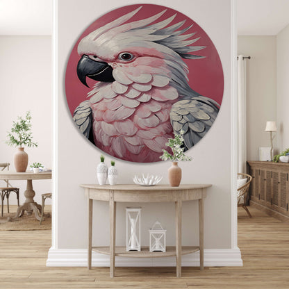 Roze papegaai modern realistisch olieverfportret aluminium muurcirkel